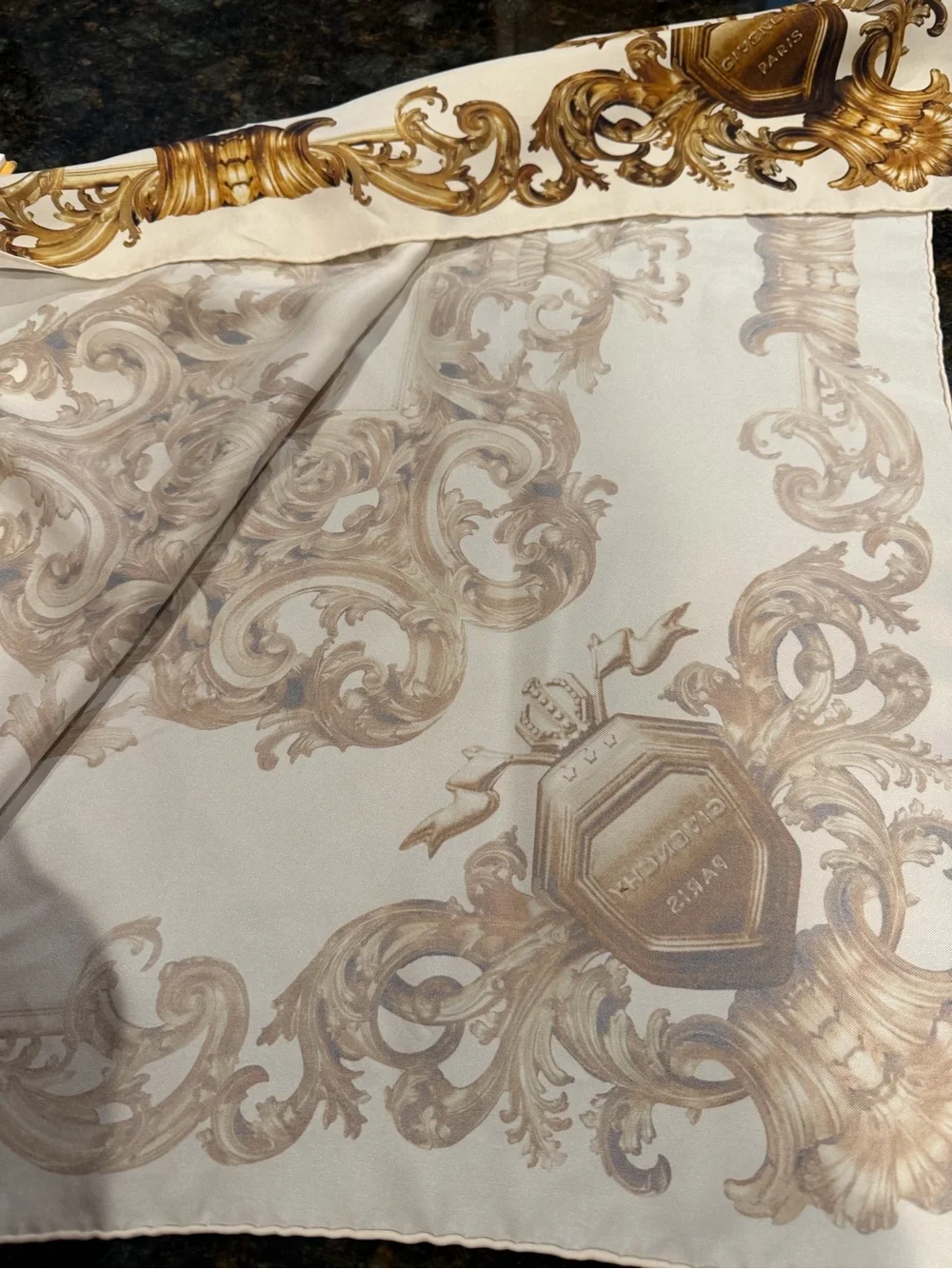 Authentic Givenchy Elegant Cream & Gold Baroque Silk Scarf